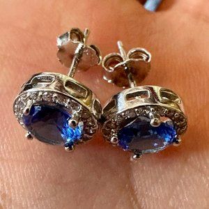 925 Sterling Silver Tanzanite White Topaz 9MM Stud Earrings For Women
